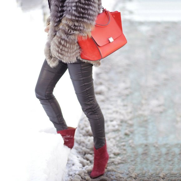 Auth CELINE Trapeze Small Red Leather Suede Womens Handbag - Picture 14 of 15